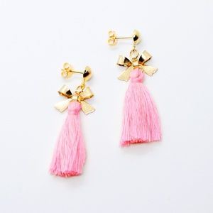 Handmade Pink Gold Bow Charm Fringe Earrings
